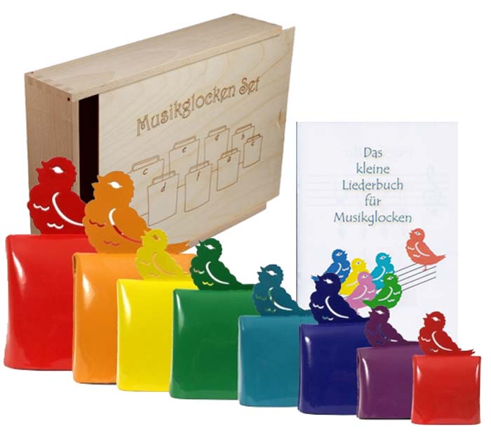 Musikglockensatz bunt in Holzkiste Musikglockensatz bunt in Holzkiste