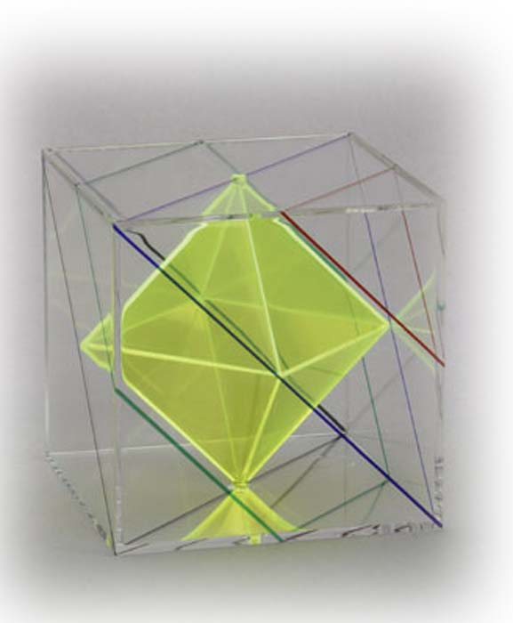 Oktaeder in Hexaeder mit farbigen Projektionslinien Oktaeder in Hexaeder mit farbigen Projektionslinien